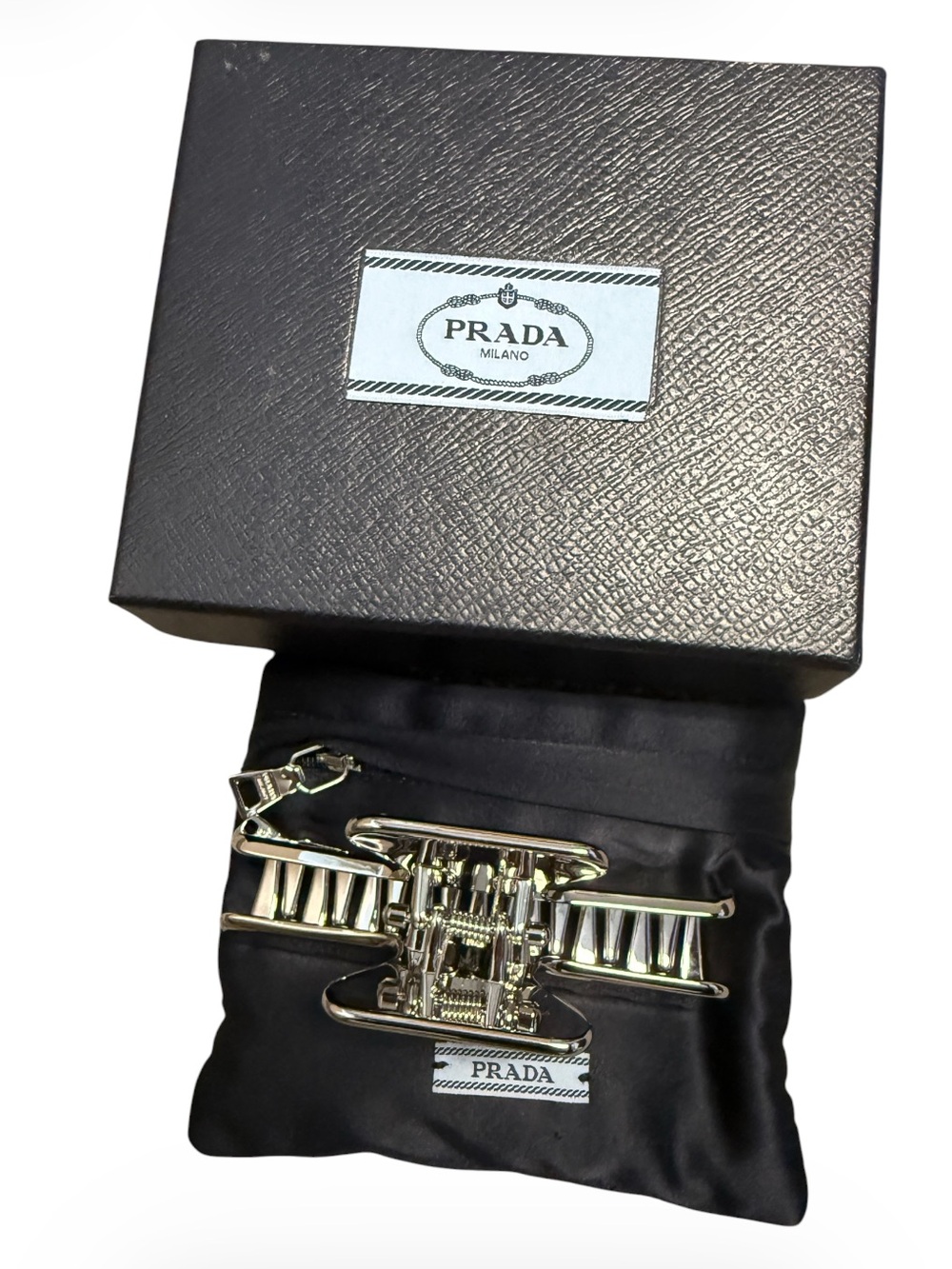 Prada Silver Metal Hair Claw Clip with Black Logo Triangle - Picture 4 of 10